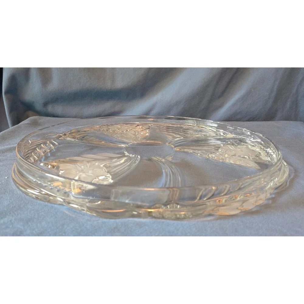 Vintage Frosted Floral Clear Glass Serving Platter Scalloped Wheat Rim 12 Inch